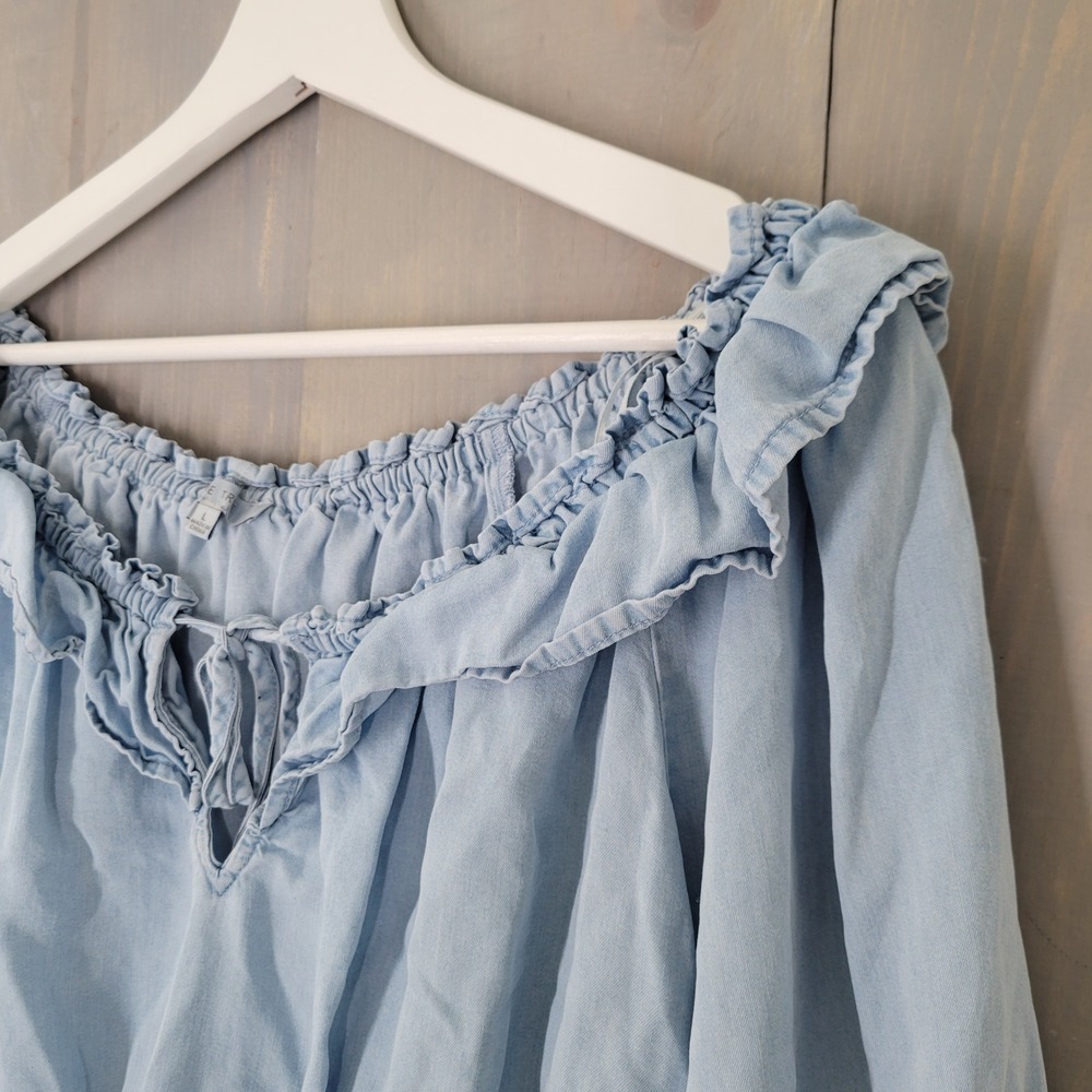 Love Tree Off The Shoulder Crop Top Womens Large Blue Tencel Ruffle Boho Cottage - Picture 4 of 11